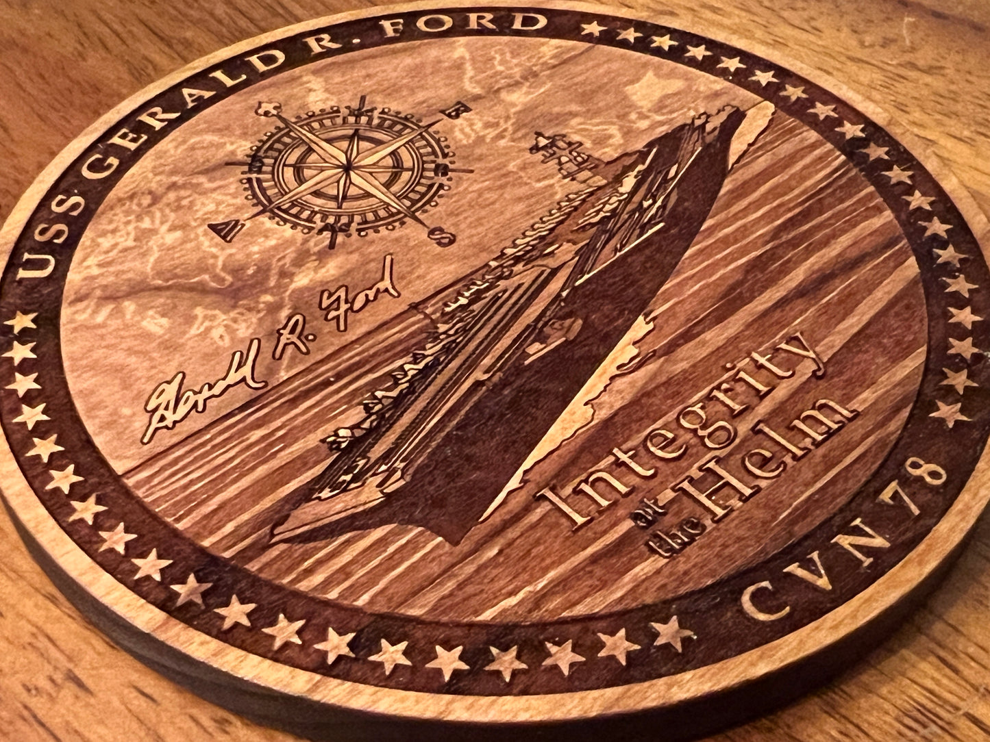 USS Gerald R. Ford (CVN 78) Coaster – US Navy Aircraft Carrier – Laser Engraved Cherry Wood Coaster – Solid Wood Navy Gift