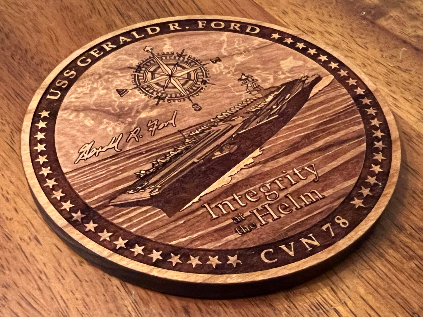 USS Gerald R. Ford (CVN 78) Coaster – US Navy Aircraft Carrier – Laser Engraved Cherry Wood Coaster – Solid Wood Navy Gift