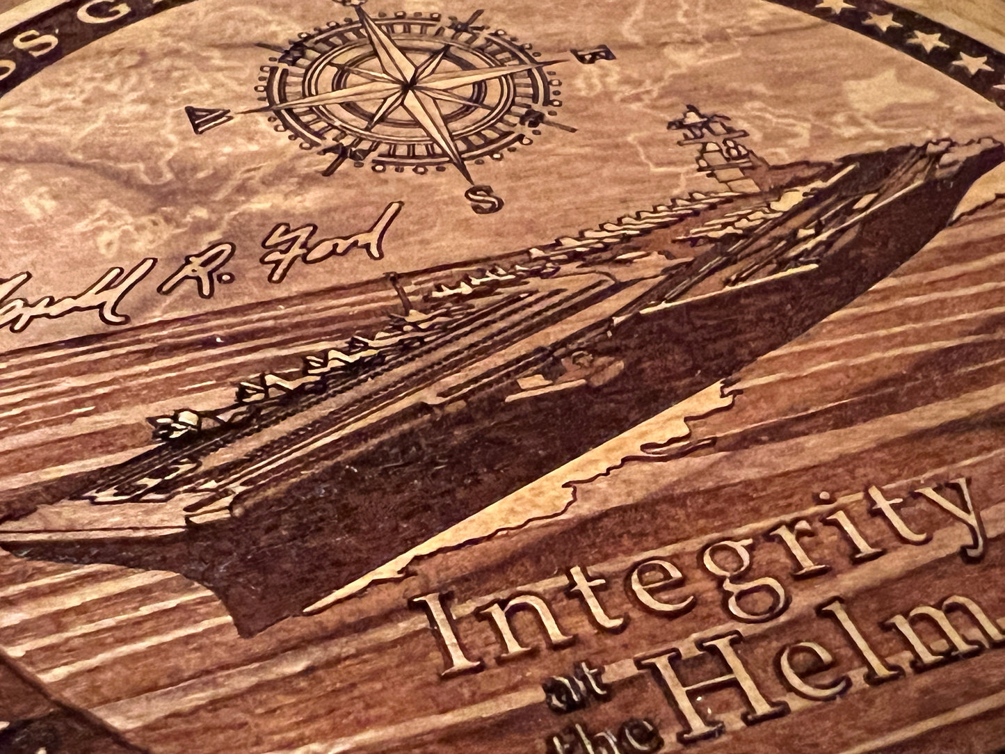 USS Gerald R. Ford (CVN 78) Coaster – US Navy Aircraft Carrier – Laser Engraved Cherry Wood Coaster – Solid Wood Navy Gift