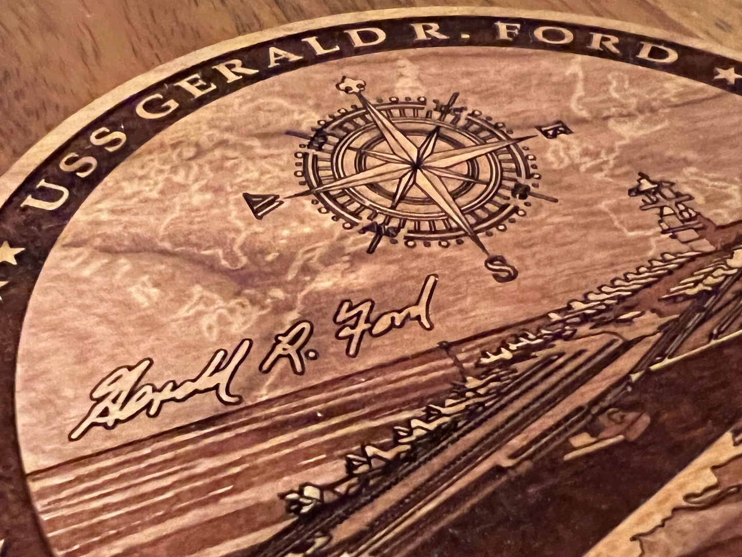 USS Gerald R. Ford (CVN 78) Coaster – US Navy Aircraft Carrier – Laser Engraved Cherry Wood Coaster – Solid Wood Navy Gift