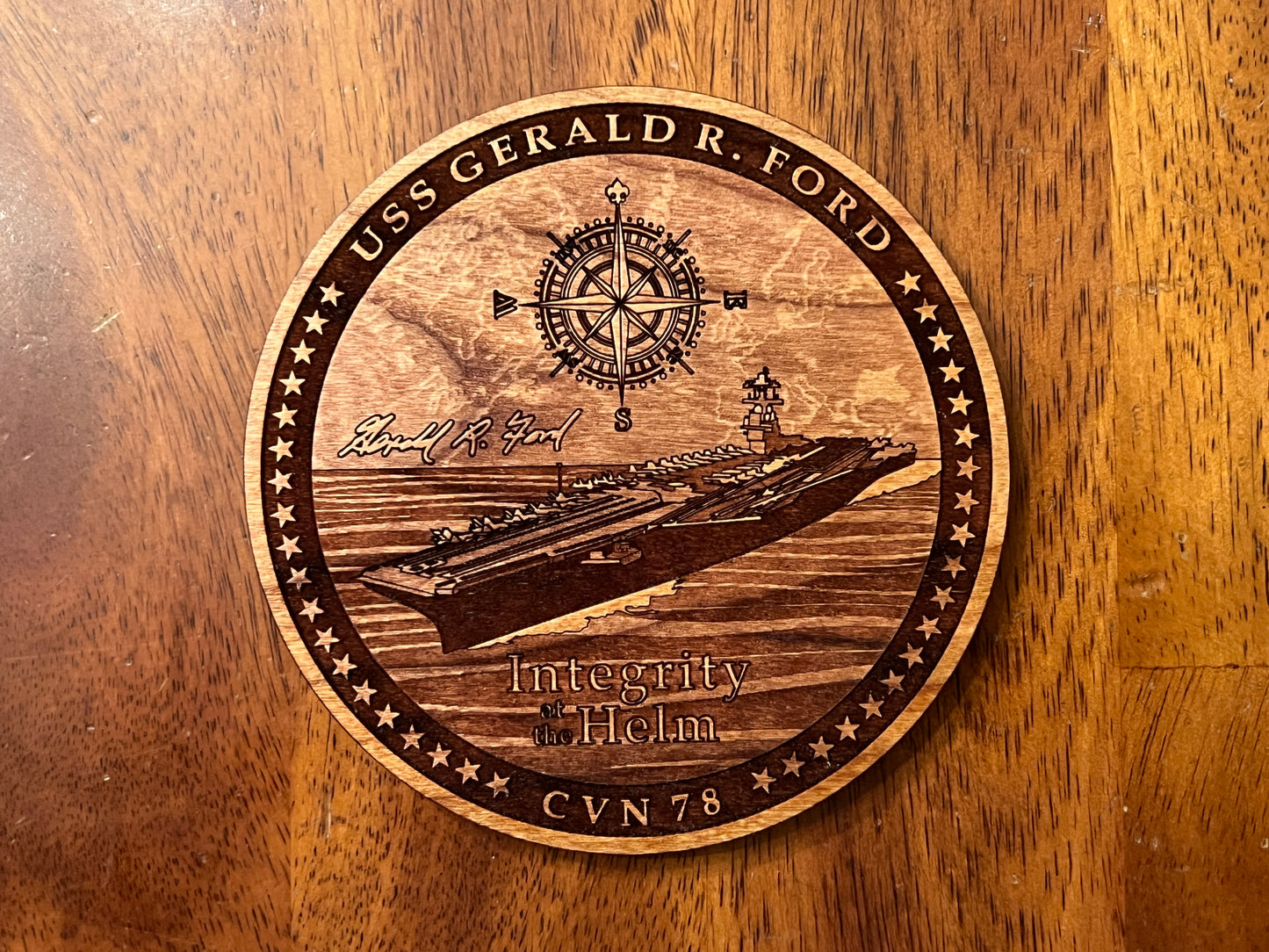 USS Gerald R. Ford (CVN 78) Coaster – US Navy Aircraft Carrier – Laser Engraved Cherry Wood Coaster – Solid Wood Navy Gift