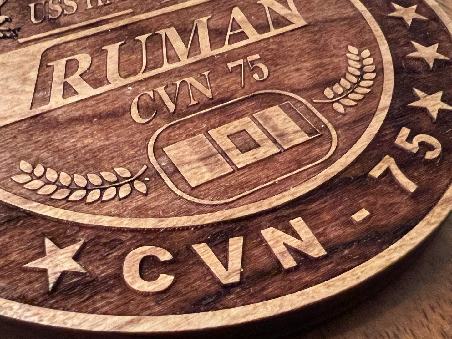 USS Harry S. Truman (CVN 75) Coaster – US Navy Aircraft Carrier – Laser Engraved Cherry Wood Coaster – Solid Wood Navy Gift