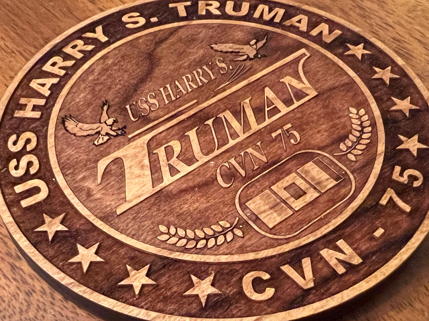 USS Harry S. Truman (CVN 75) Coaster – US Navy Aircraft Carrier – Laser Engraved Cherry Wood Coaster – Solid Wood Navy Gift