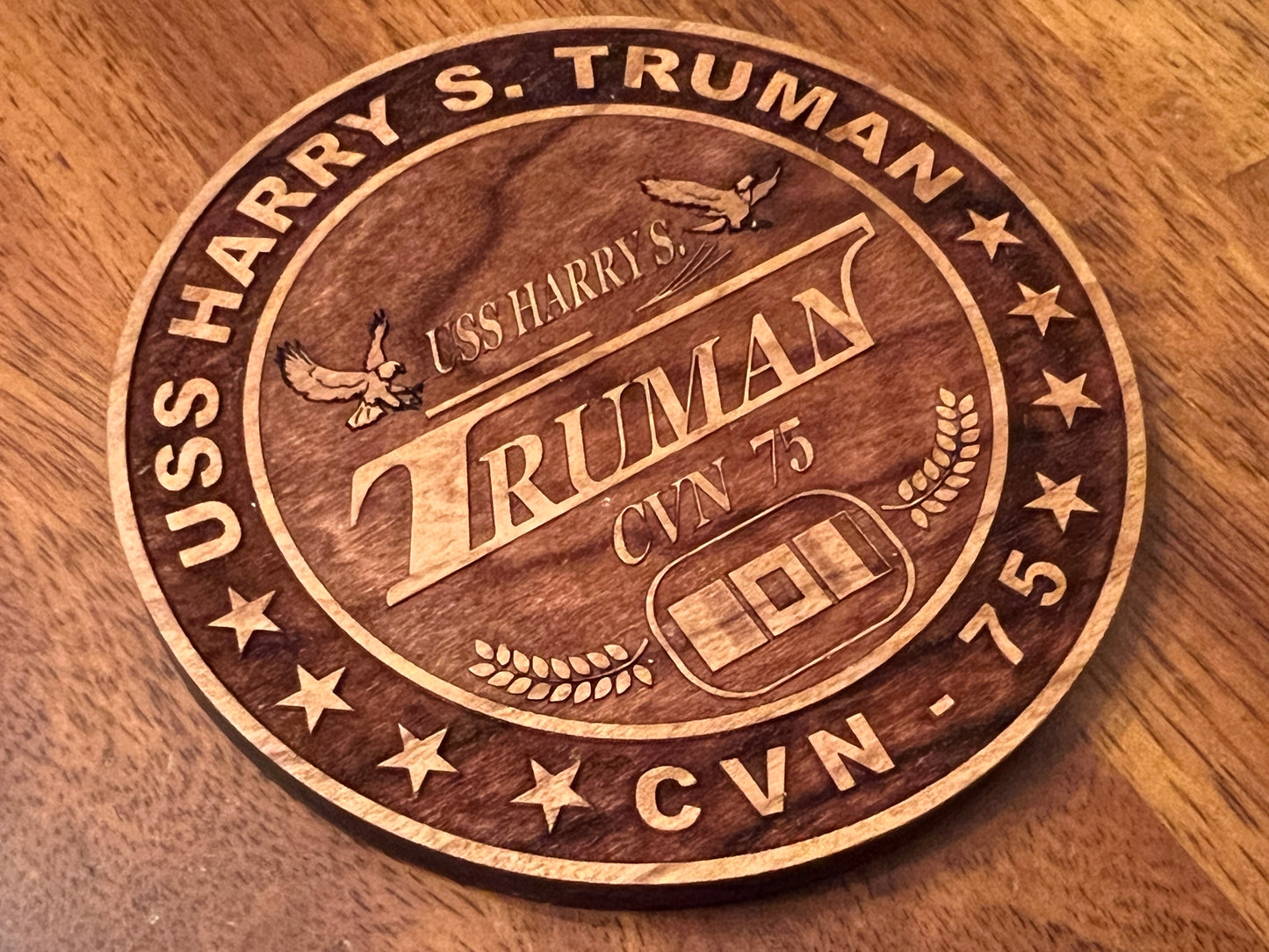 USS Harry S. Truman (CVN 75) Coaster – US Navy Aircraft Carrier – Laser Engraved Cherry Wood Coaster – Solid Wood Navy Gift