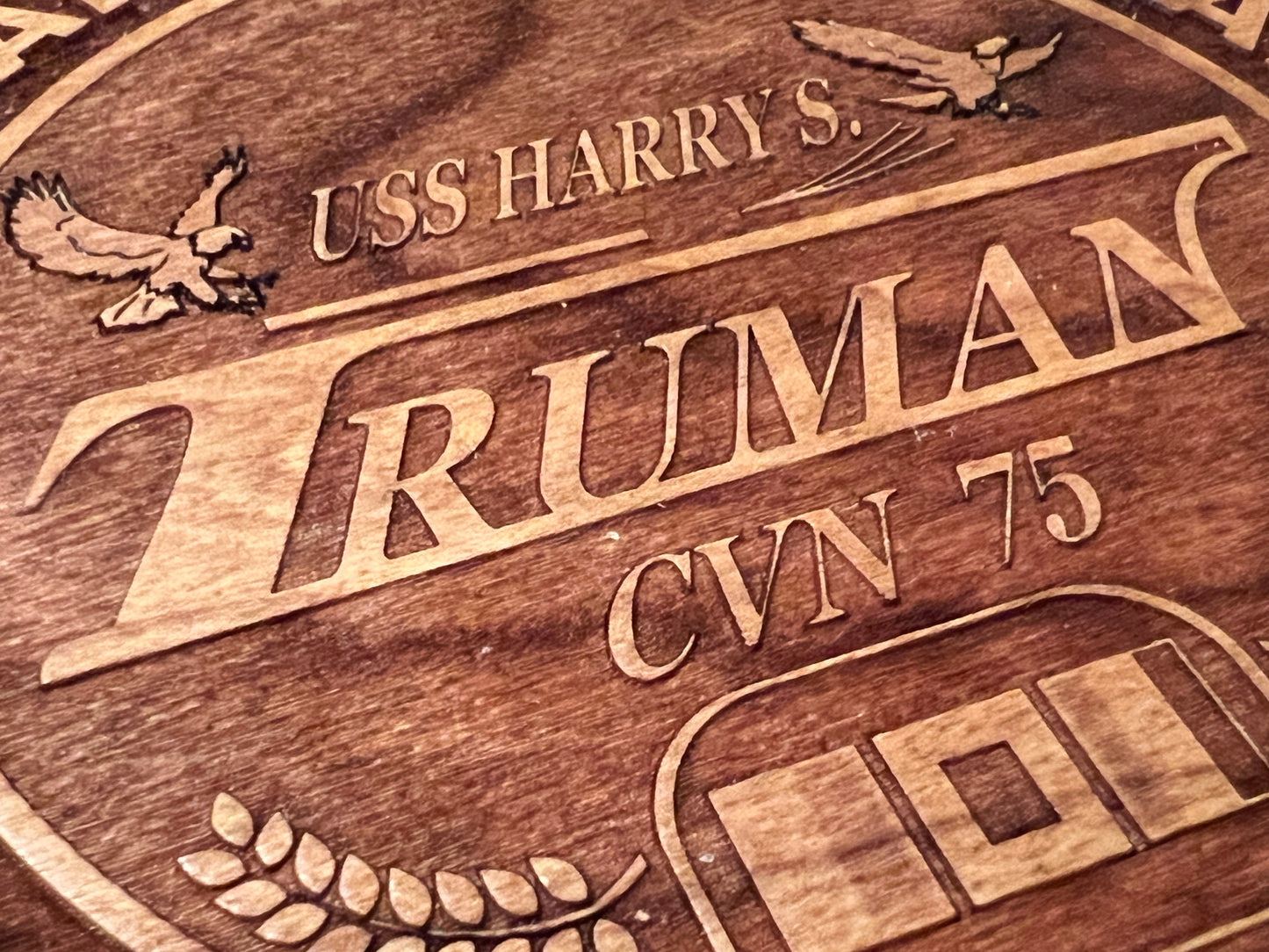 USS Harry S. Truman (CVN 75) Coaster – US Navy Aircraft Carrier – Laser Engraved Cherry Wood Coaster – Solid Wood Navy Gift