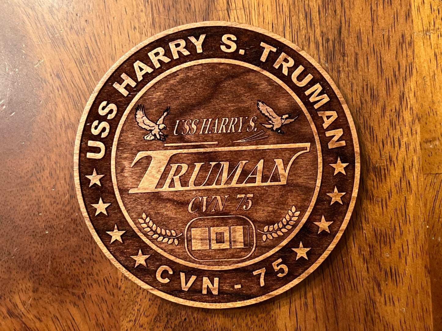USS Harry S. Truman (CVN 75) Coaster – US Navy Aircraft Carrier – Laser Engraved Cherry Wood Coaster – Solid Wood Navy Gift