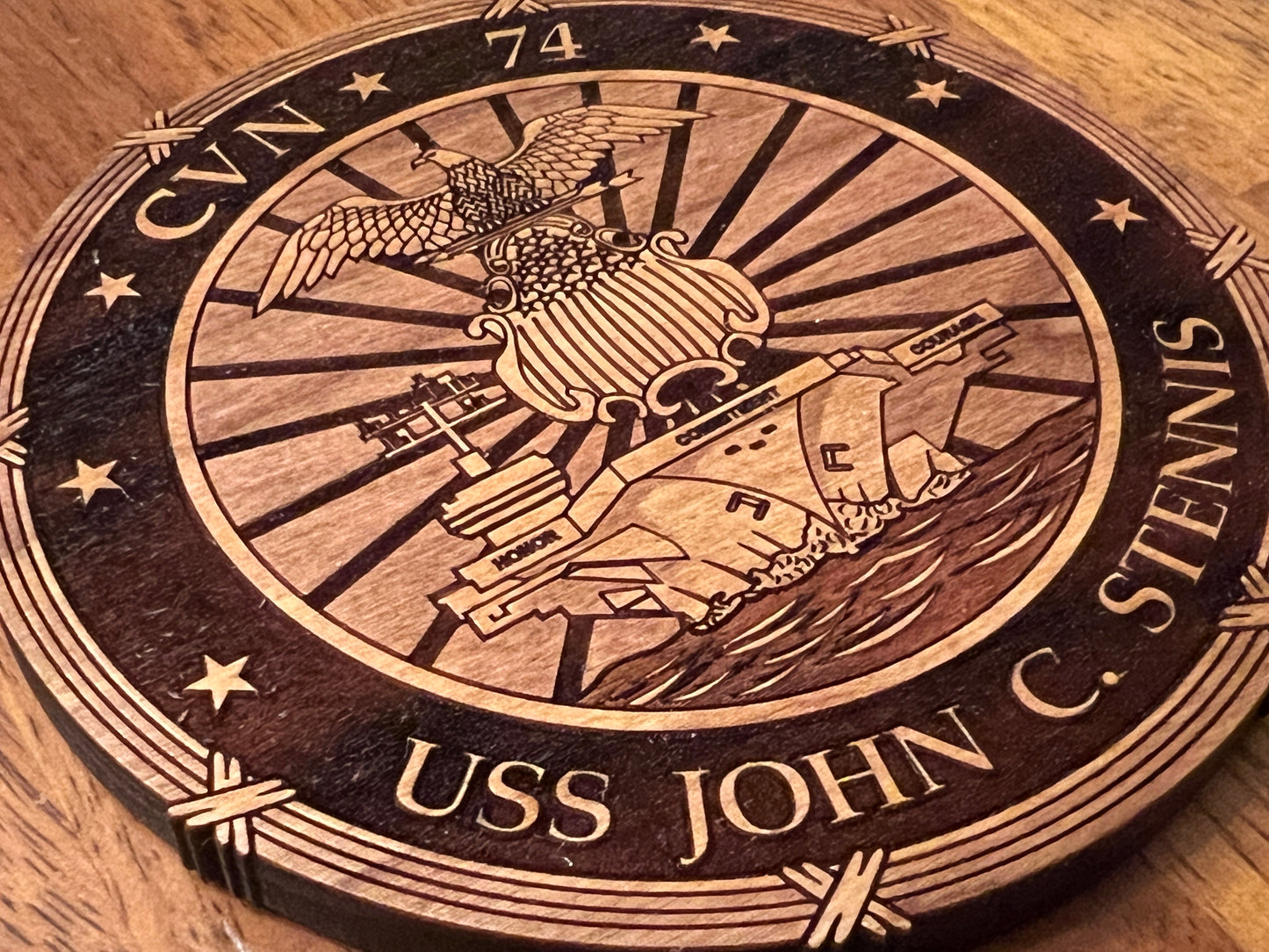 USS John C. Stennis (CVN 74) Coaster – US Navy Aircraft Carrier – Laser Engraved Cherry Wood Coaster – Solid Wood Navy Gift