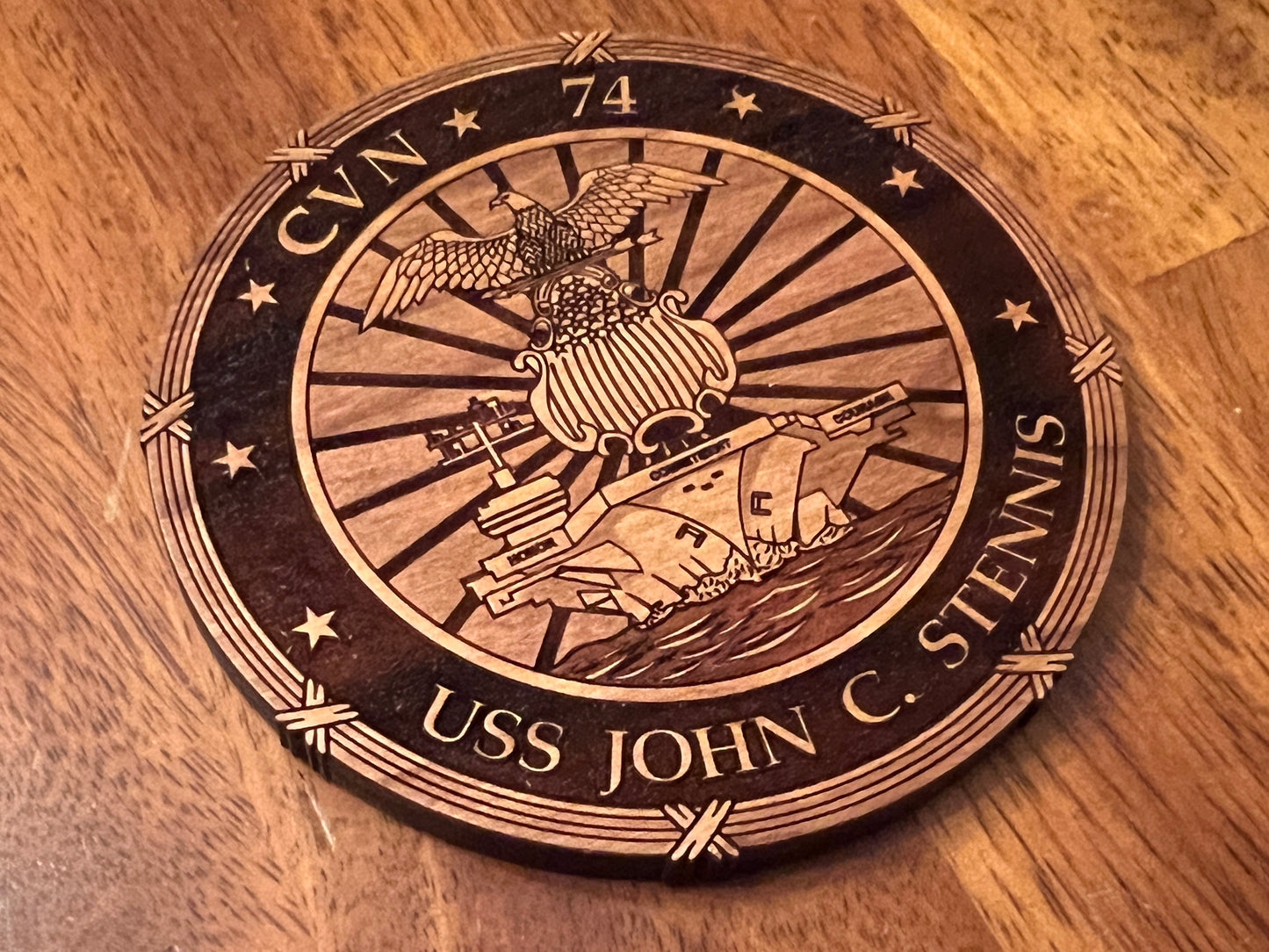 USS John C. Stennis (CVN 74) Coaster – US Navy Aircraft Carrier – Laser Engraved Cherry Wood Coaster – Solid Wood Navy Gift