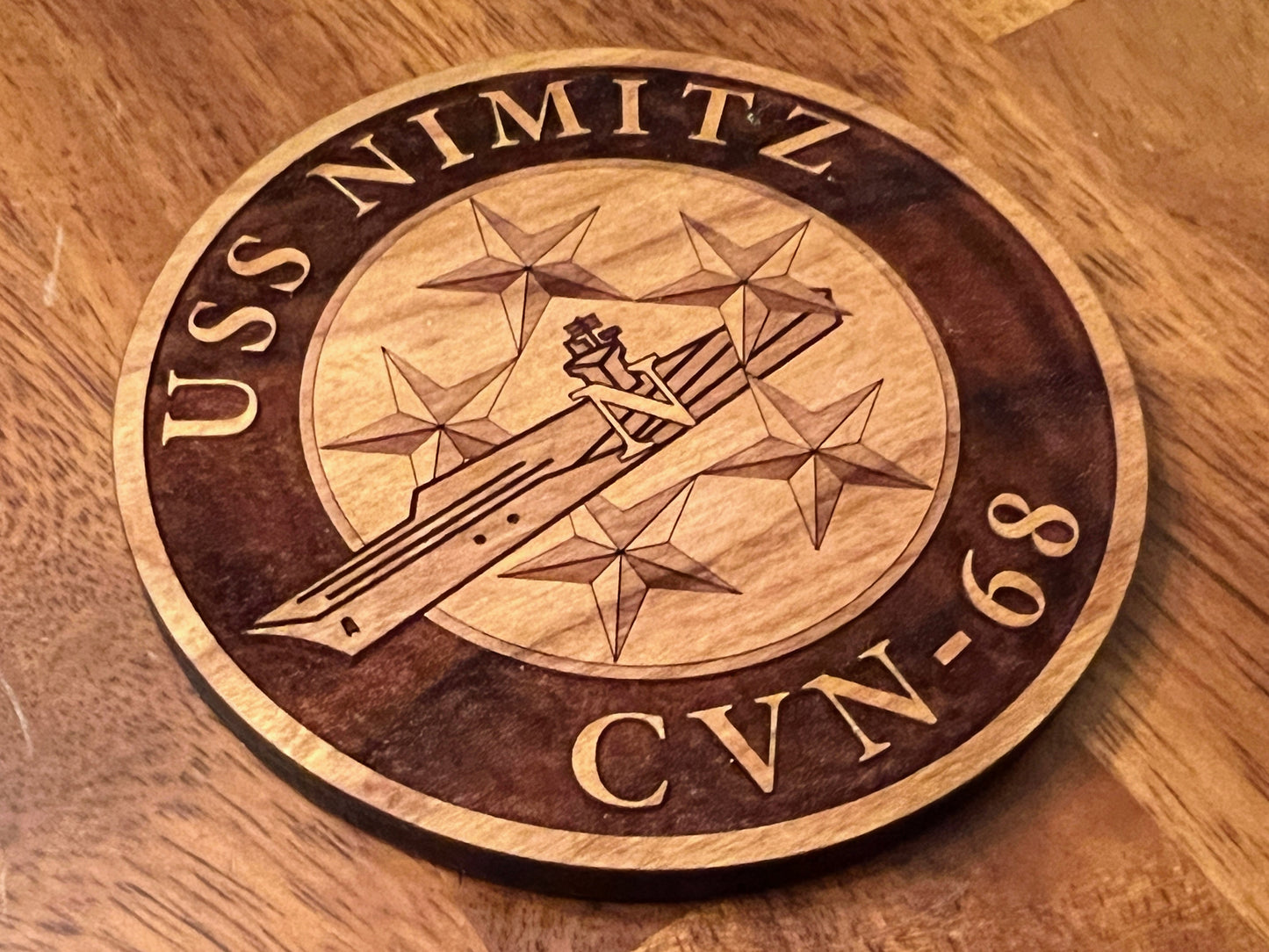 USS Nimitz (CVN 68) Coaster – US Navy Aircraft Carrier – Laser Engraved Cherry Wood Coaster – Solid Wood Navy Gift