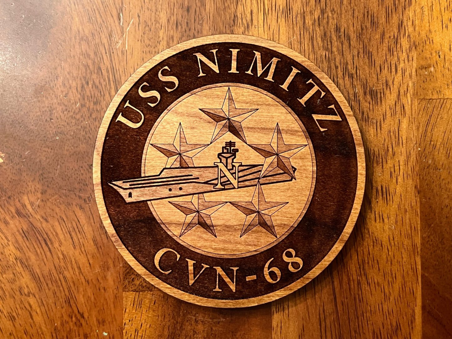 USS Nimitz (CVN 68) Coaster – US Navy Aircraft Carrier – Laser Engraved Cherry Wood Coaster – Solid Wood Navy Gift