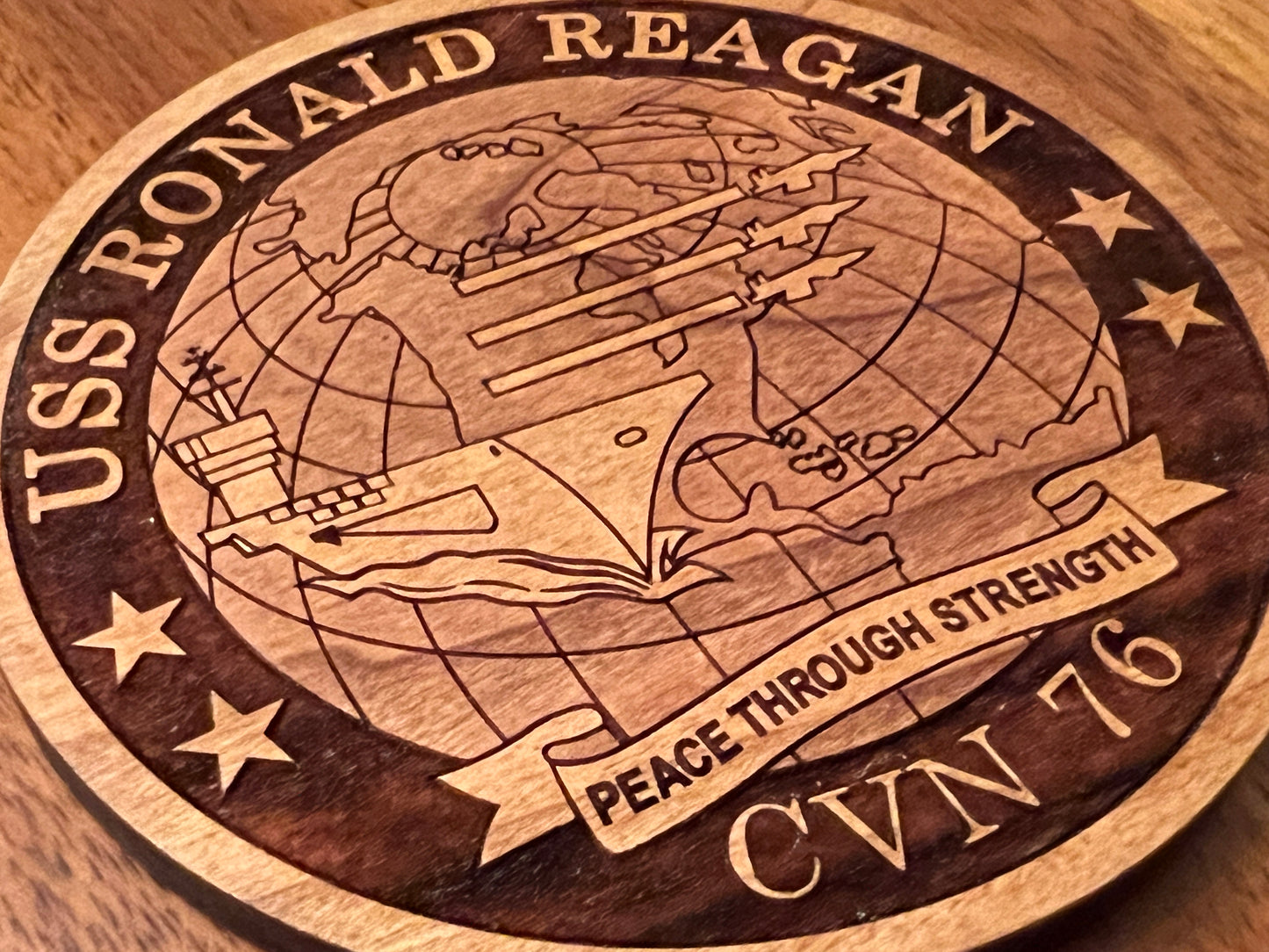 USS Ronald Reagan (CVN 76) Coaster – US Navy Aircraft Carrier – Laser Engraved Cherry Wood Coaster – Solid Wood Navy Gift