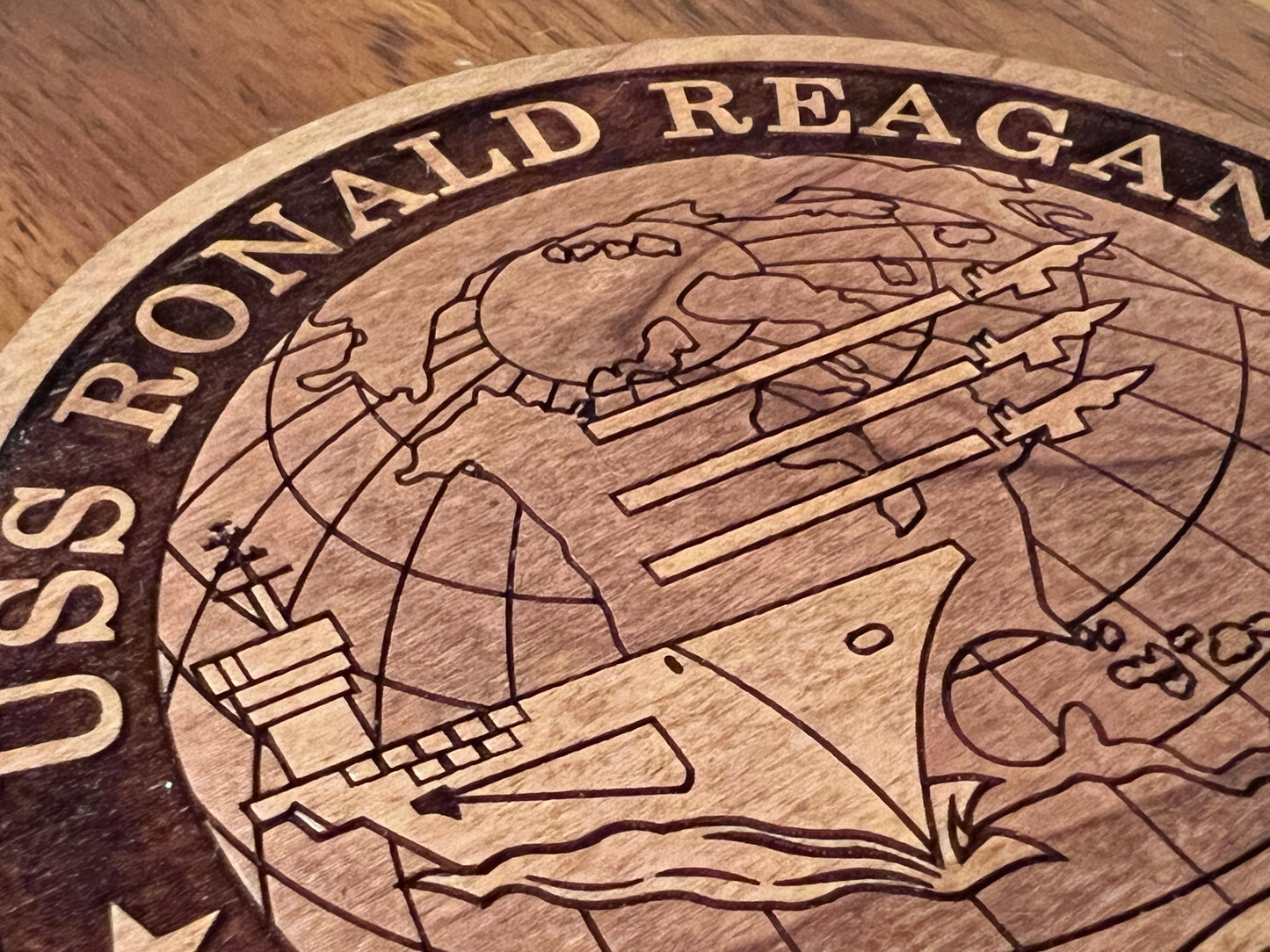 USS Ronald Reagan (CVN 76) Coaster – US Navy Aircraft Carrier – Laser Engraved Cherry Wood Coaster – Solid Wood Navy Gift