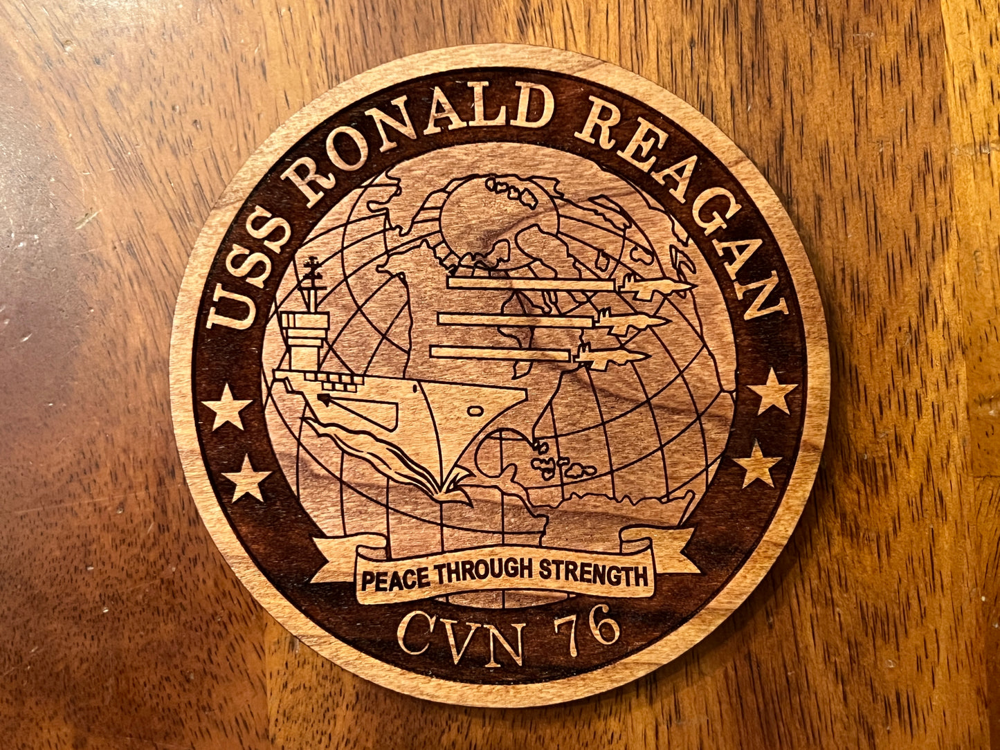 USS Ronald Reagan (CVN 76) Coaster – US Navy Aircraft Carrier – Laser Engraved Cherry Wood Coaster – Solid Wood Navy Gift