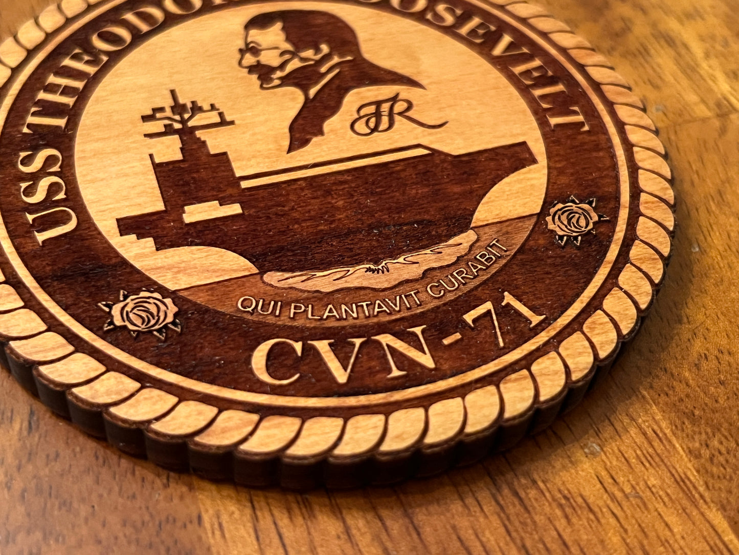 USS Theodore Roosevelt (CVN 71) Coaster – US Navy Aircraft Carrier – Laser Engraved Cherry Wood Coaster – Solid Wood Navy Gift