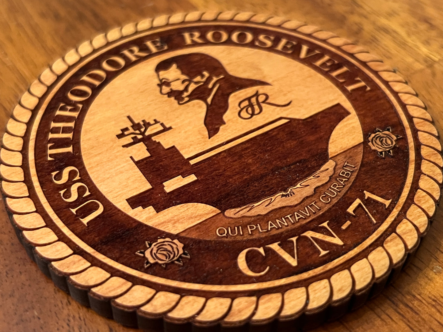 USS Theodore Roosevelt (CVN 71) Coaster – US Navy Aircraft Carrier – Laser Engraved Cherry Wood Coaster – Solid Wood Navy Gift
