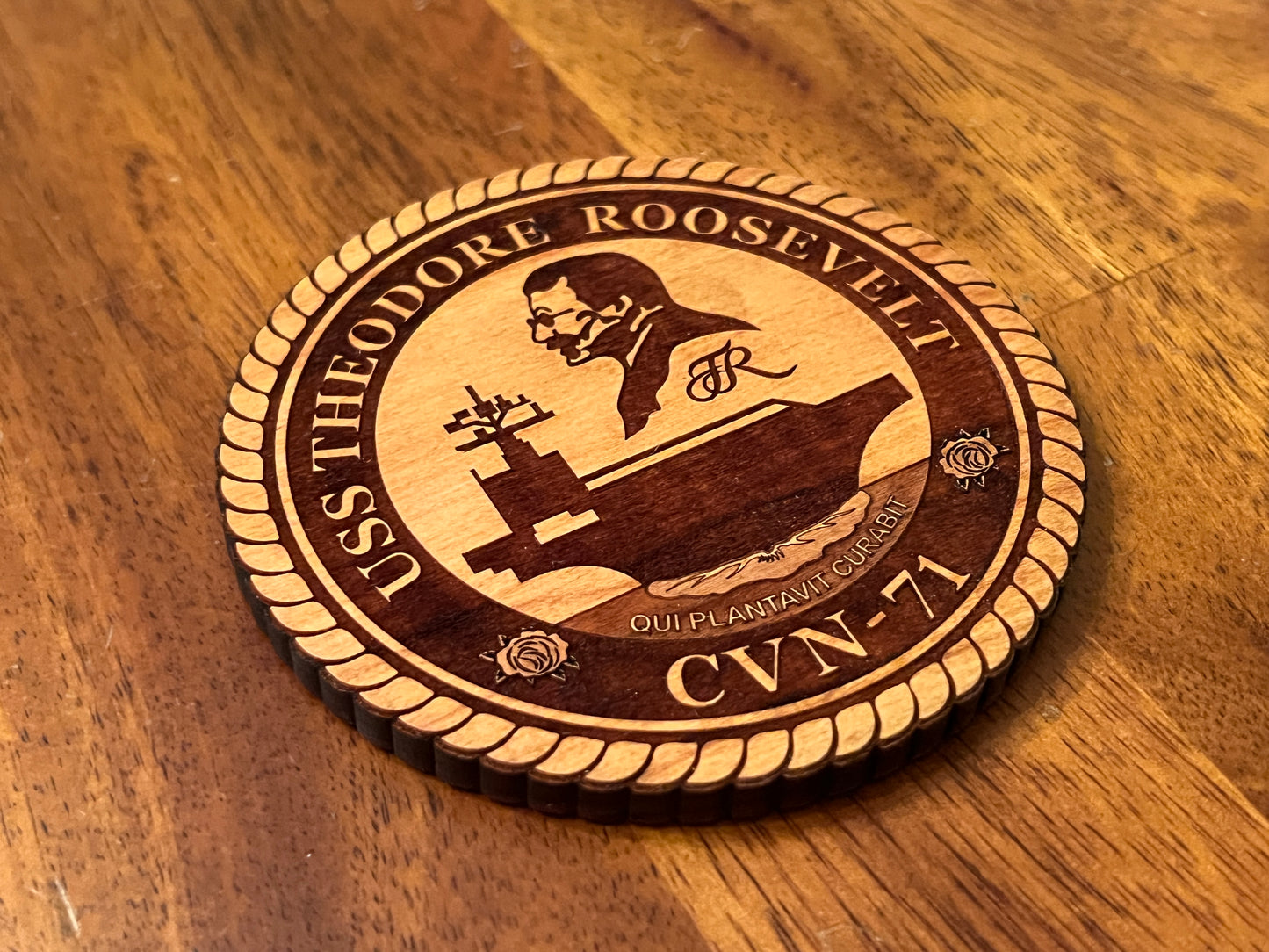 USS Theodore Roosevelt (CVN 71) Coaster – US Navy Aircraft Carrier – Laser Engraved Cherry Wood Coaster – Solid Wood Navy Gift