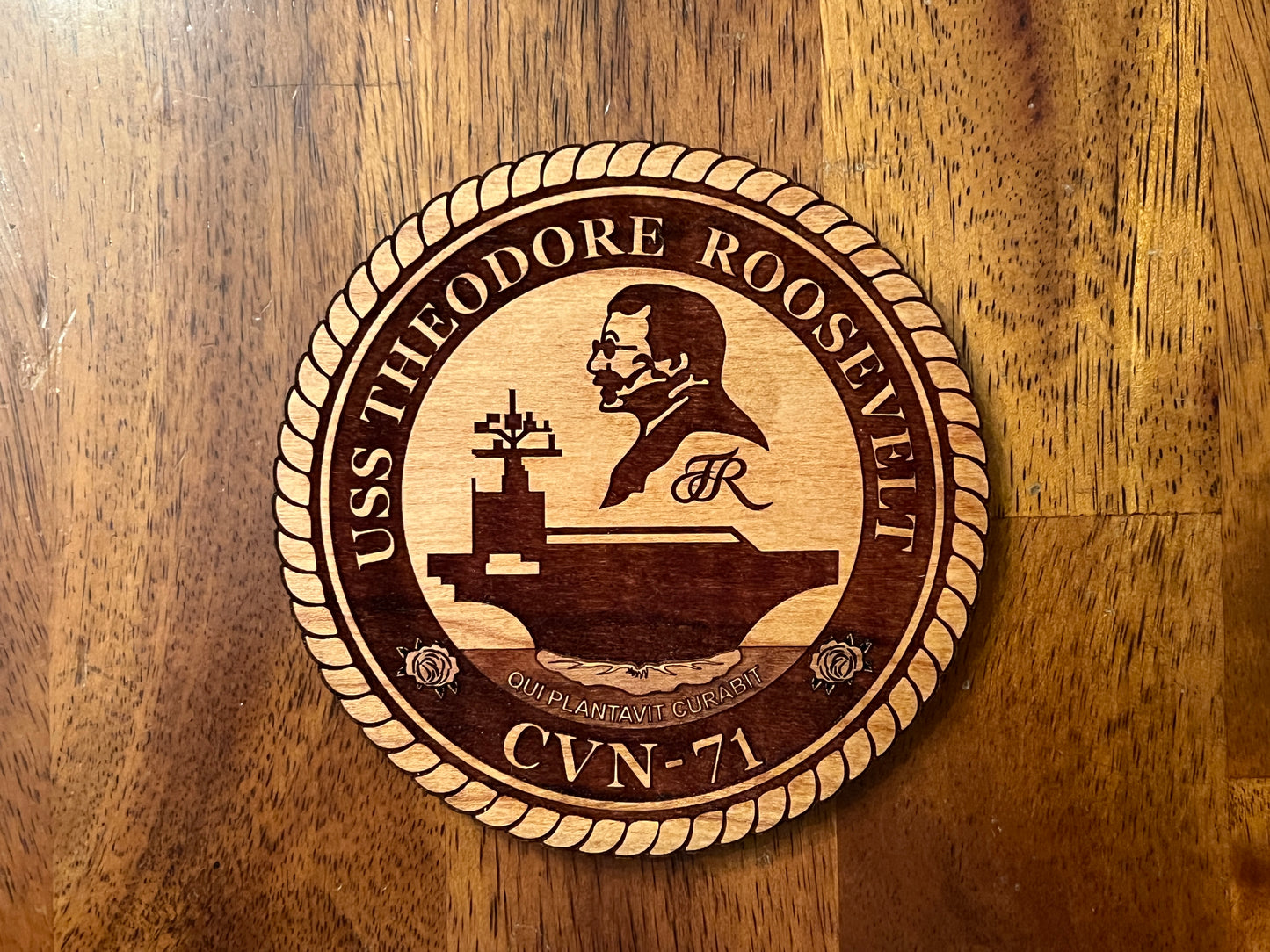 USS Theodore Roosevelt (CVN 71) Coaster – US Navy Aircraft Carrier – Laser Engraved Cherry Wood Coaster – Solid Wood Navy Gift