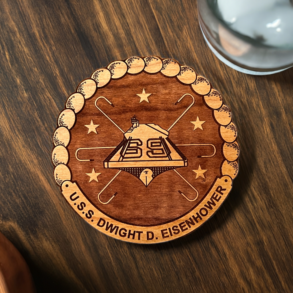 USS Dwight D. Eisenhower (CVN 69) Coaster – US Navy Aircraft Carrier – Laser Engraved Cherry Wood Coaster – Solid Wood Navy Gift