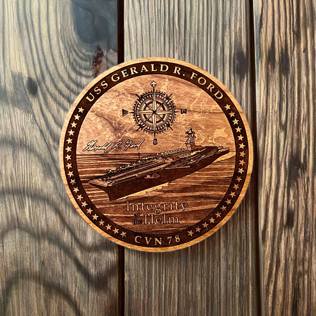 USS Gerald R. Ford (CVN 78) Coaster – US Navy Aircraft Carrier – Laser Engraved Cherry Wood Coaster – Solid Wood Navy Gift