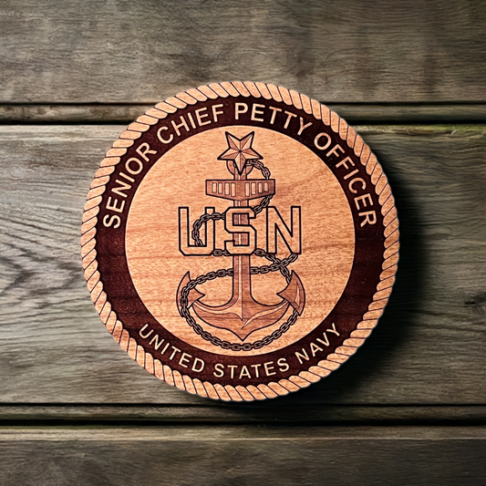 Senior Chief Petty Officer (SCPO) Fouled Anchor Laser Engraved Cherry Wood Coaster – Navy Pride & Tradition – Solid Wood Navy Gift