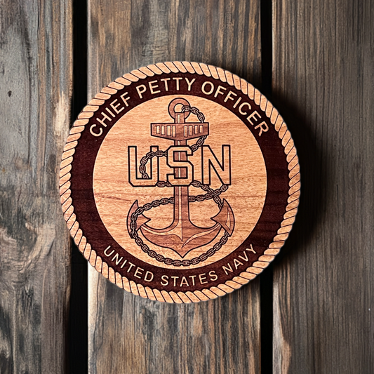 Chief Petty Officer (CPO) Fouled Anchor Laser Engraved Cherry Wood Coaster – Navy Pride & Tradition – Solid Wood Navy Gift
