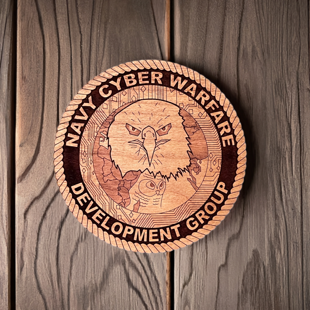 Navy Cyber Warfare Development Group (NCWDG) Laser Engraved Cherry Wood Coaster โ Solid Wood Navy Gift