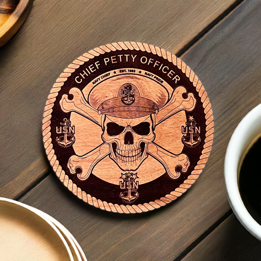 Chief Petty Officer (CPO) Skull and Crossbones Laser Engraved Cherry Wood Coaster – Navy Pride & Tradition – Solid Wood Navy Gift