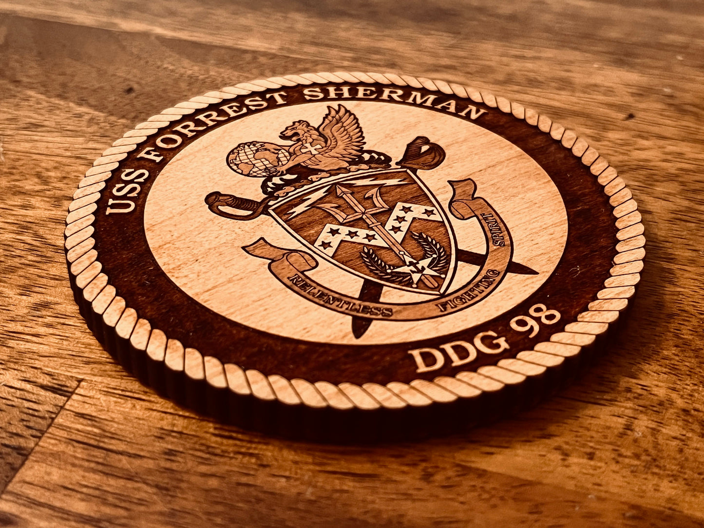 USS Forrest Sherman (DDG 98) Laser Engraved Cherry Wood Coaster – Solid Wood Navy Gift