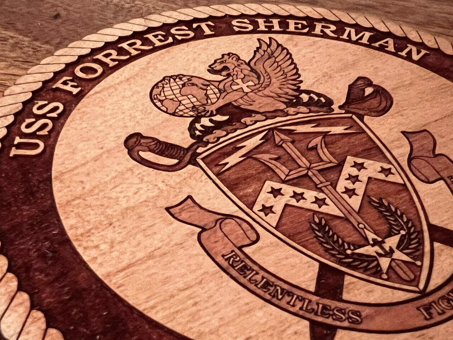 USS Forrest Sherman (DDG 98) Laser Engraved Cherry Wood Coaster – Solid Wood Navy Gift