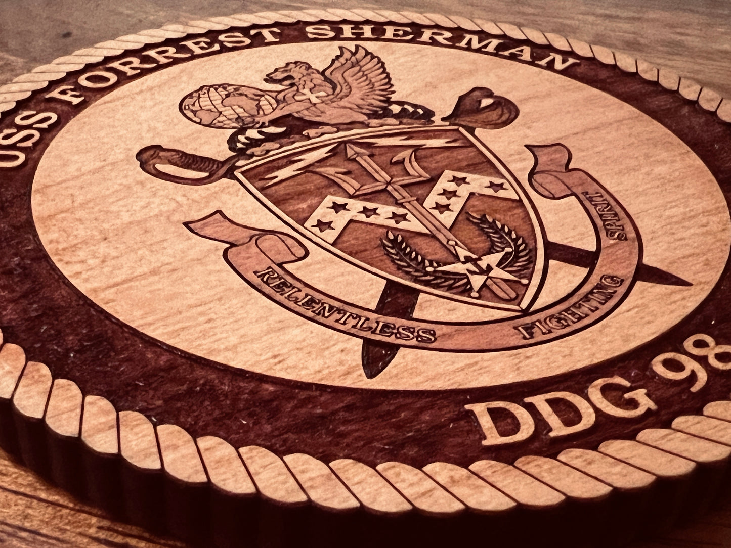 USS Forrest Sherman (DDG 98) Laser Engraved Cherry Wood Coaster – Solid Wood Navy Gift