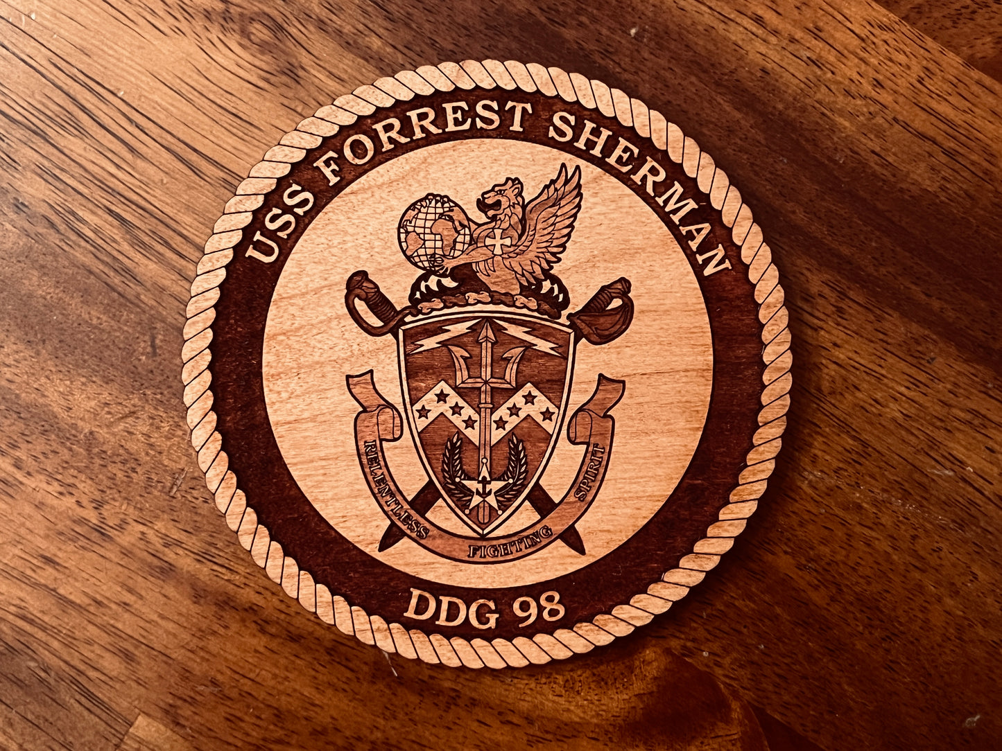USS Forrest Sherman (DDG 98) Laser Engraved Cherry Wood Coaster – Solid Wood Navy Gift