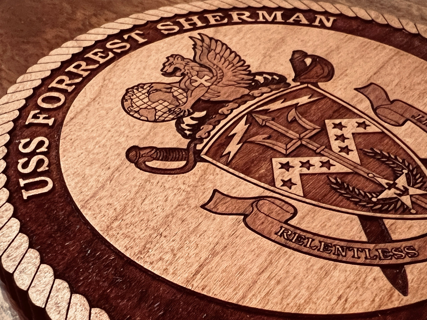USS Forrest Sherman (DDG 98) Laser Engraved Cherry Wood Coaster – Solid Wood Navy Gift