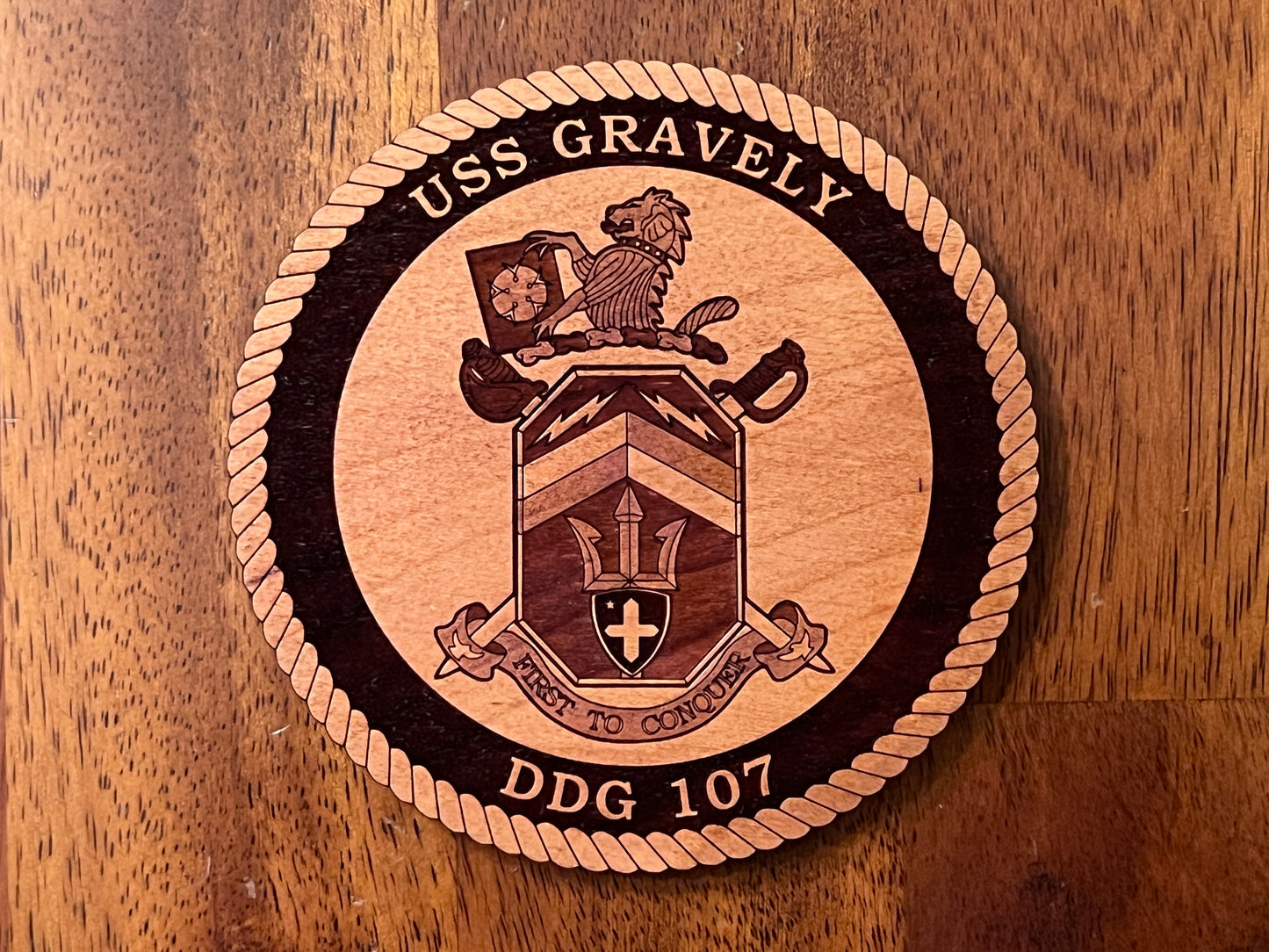 USS Gravely (DDG 107) Laser Engraved Cherry Wood Coaster – Solid Wood Navy Gift