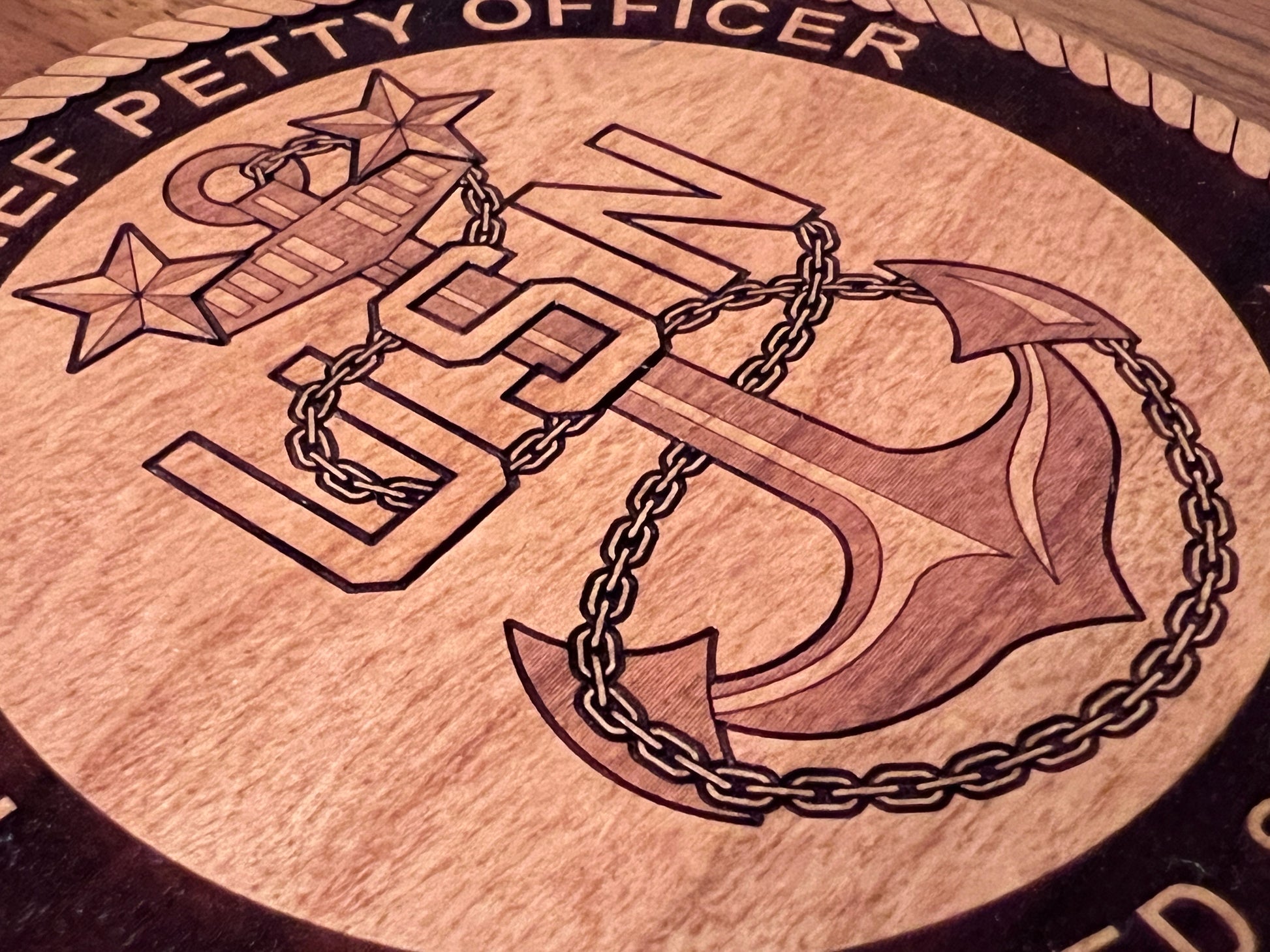 Master Chief Petty Office (MCPO) Solid Cherry Coaster with fowled anchor and two stars