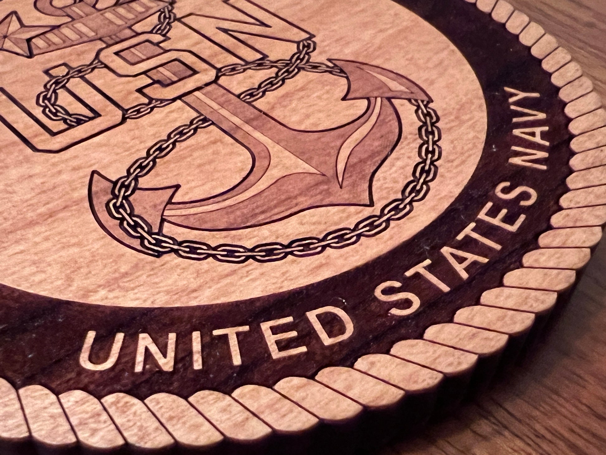 Master Chief Petty Officer (MCPO) Solid Cherry Coaster with fowled anchor and two stars