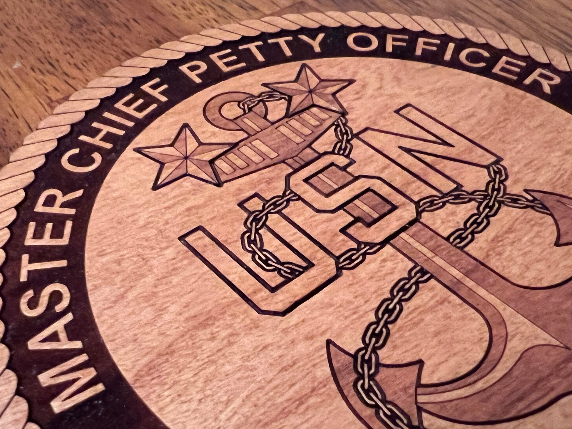 Master Chief Petty Officer (MCPO) Solid Cherry Coaster with fowled anchor and two stars