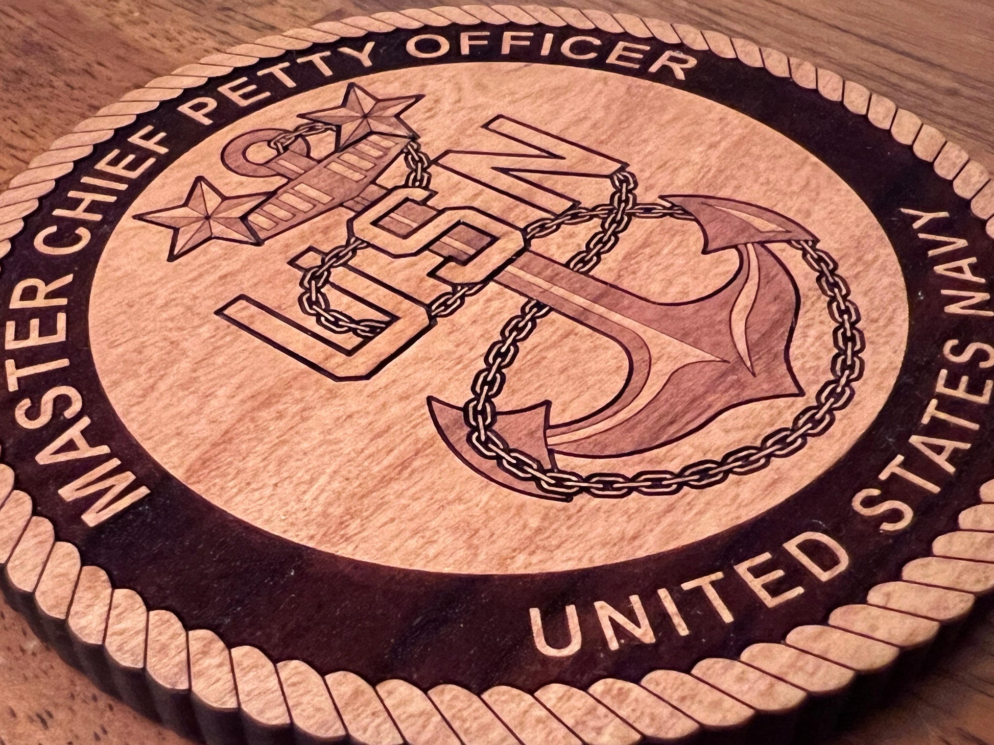 Master Chief Petty Officer (MCPO) Solid Cherry Coaster with fowled anchor and two stars