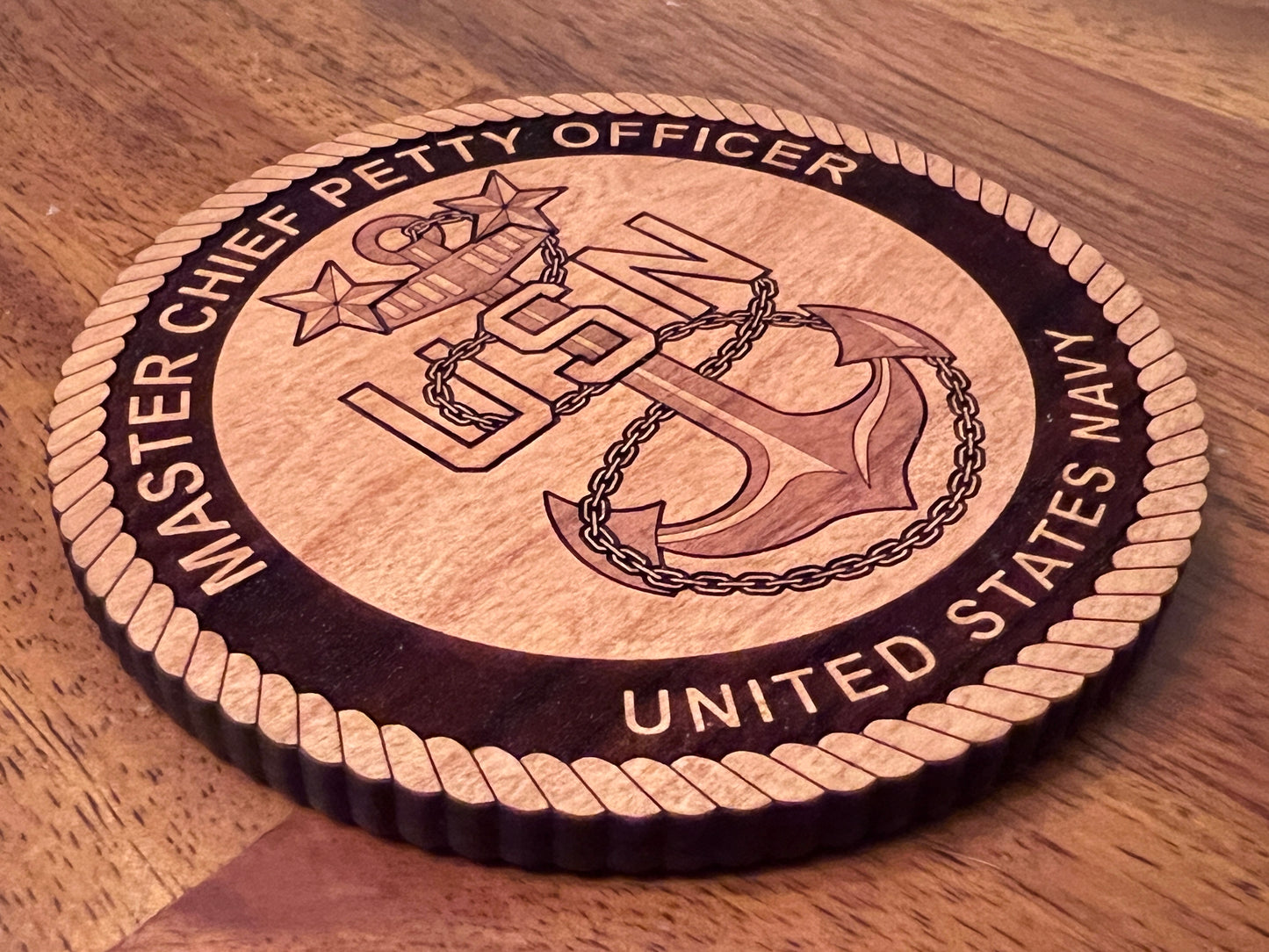 Master Chief Petty Officer (MCPO) Solid Cherry Coaster with fowled anchor and two stars