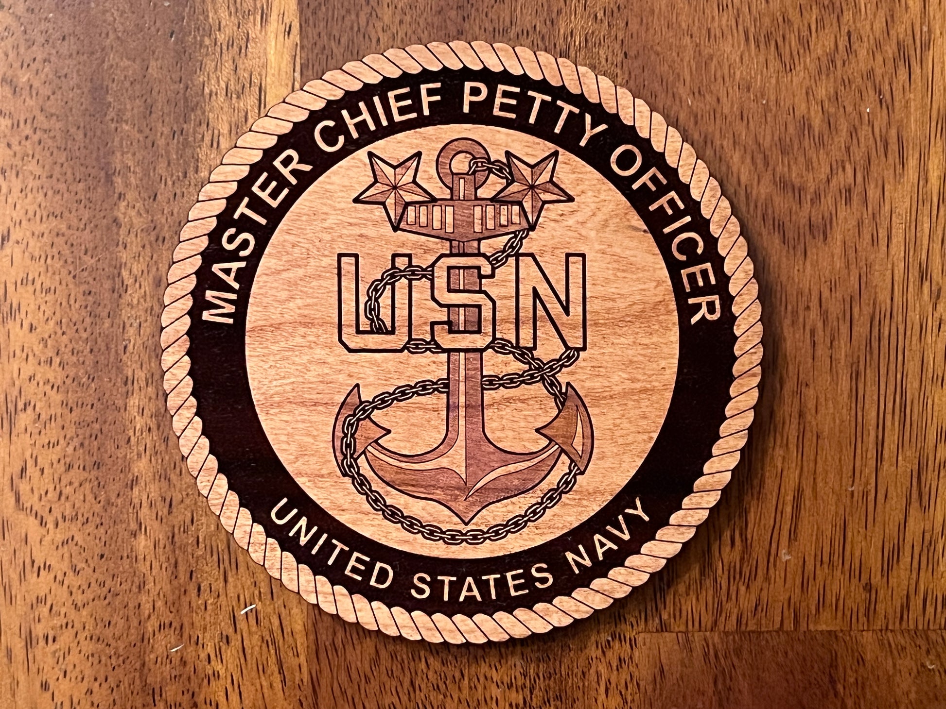 Master Chief Petty Officer (MCPO) Solid Cherry Coaster with fowled anchor and two stars