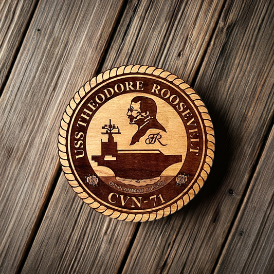 USS Theodore Roosevelt (CVN 71) Coaster – US Navy Aircraft Carrier –  Laser Engraved Cherry Wood Coaster – Solid Wood Navy Gift