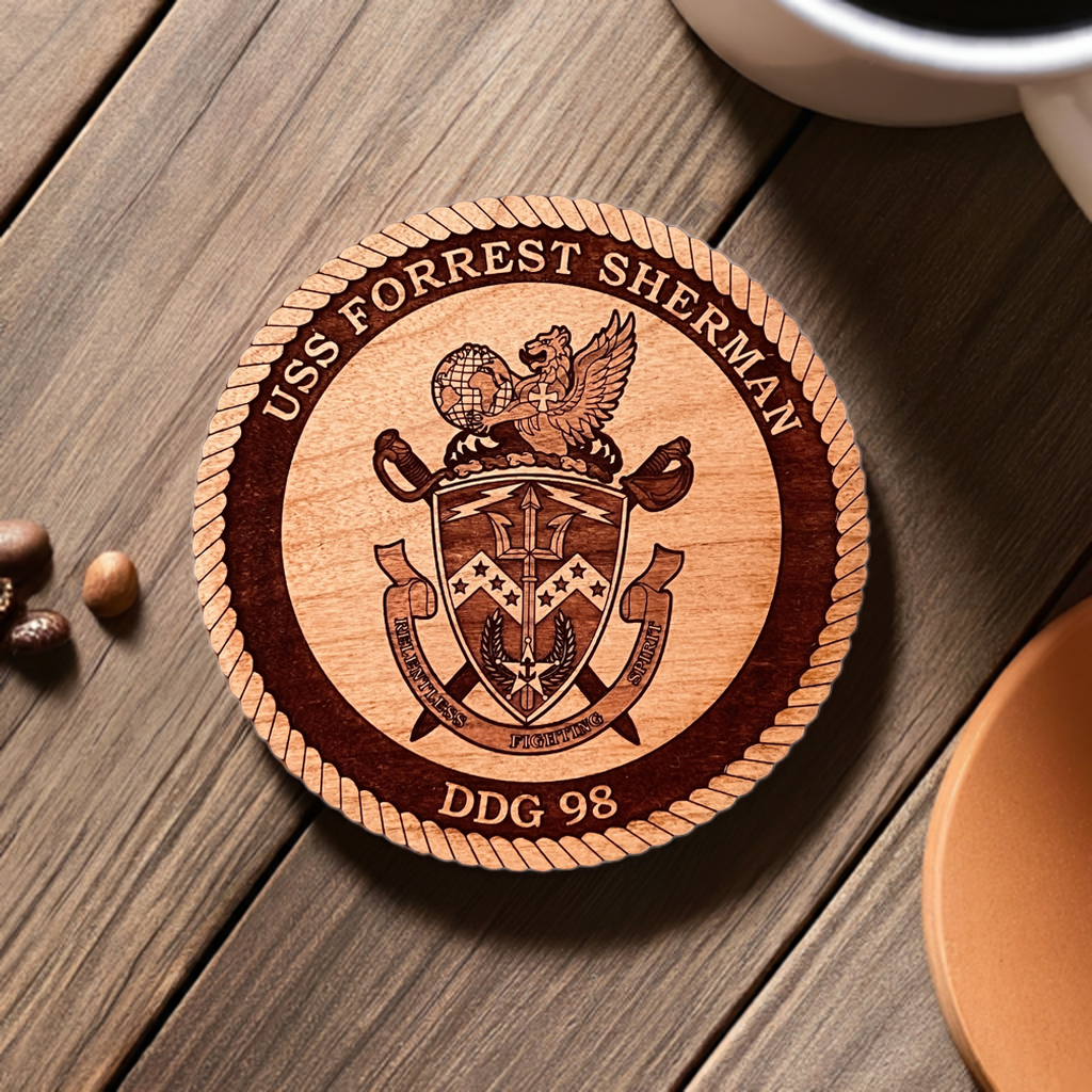 USS Forrest Sherman (DDG 98) Laser Engraved Cherry Wood Coaster – Solid Wood Navy Gift