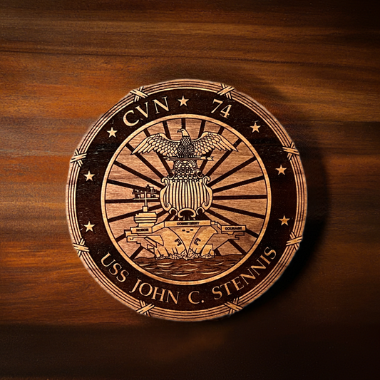 USS John C. Stennis (CVN 74) Coaster – US Navy Aircraft Carrier –  Laser Engraved Cherry Wood Coaster – Solid Wood Navy Gift