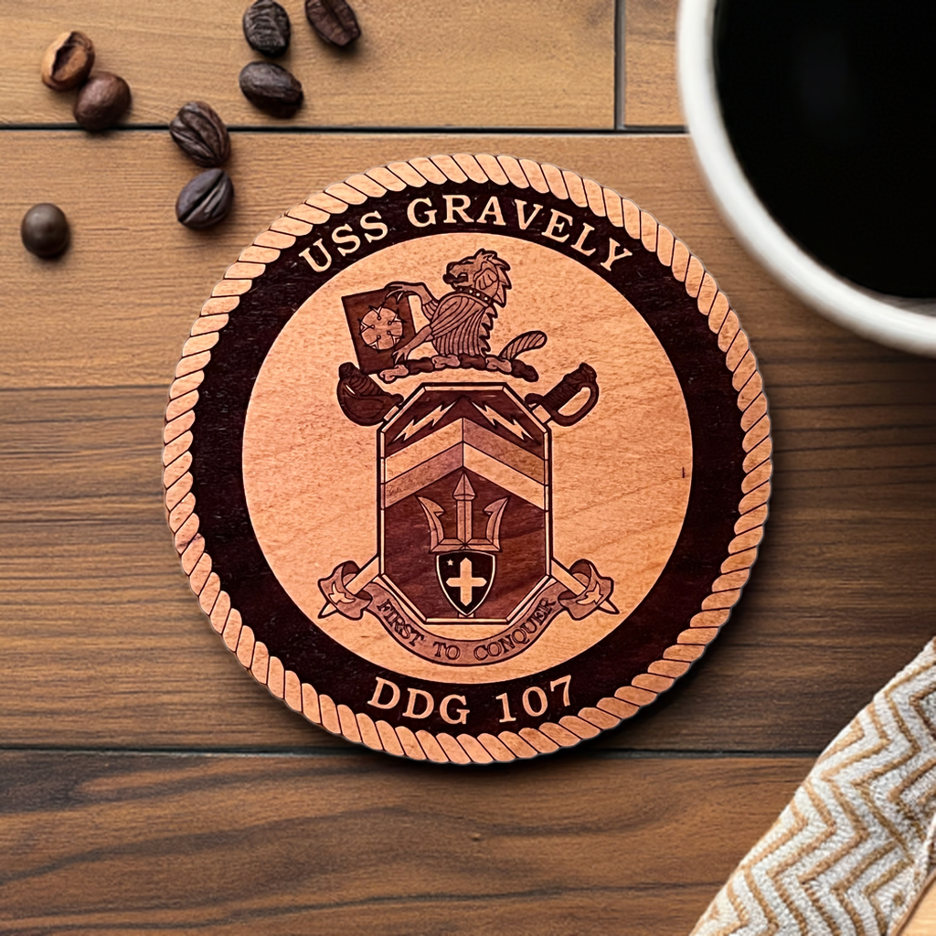 USS Gravely (DDG 107) Laser Engraved Cherry Wood Coaster – Solid Wood Navy Gift