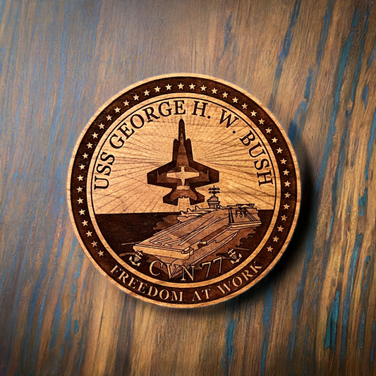 USS George H. W. Bush (CVN 77) Coaster – US Navy Aircraft Carrier –  Laser Engraved Cherry Wood Coaster – Solid Wood Navy Gift
