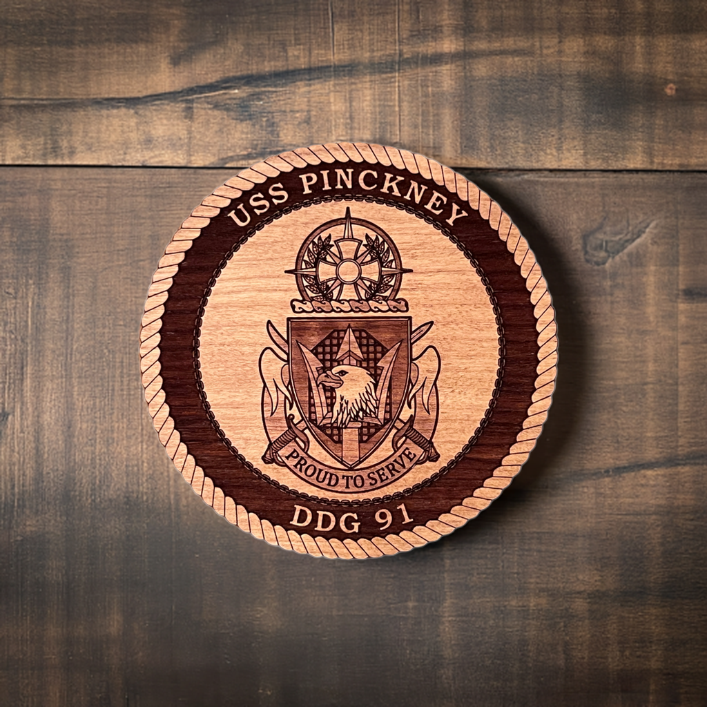 USS Pinckney (DDG 91) Laser Engraved Cherry Wood Coaster – Solid Wood Navy Gift