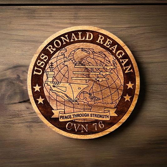 USS Ronald Reagan (CVN 76) Coaster – US Navy Aircraft Carrier –  Laser Engraved Cherry Wood Coaster – Solid Wood Navy Gift