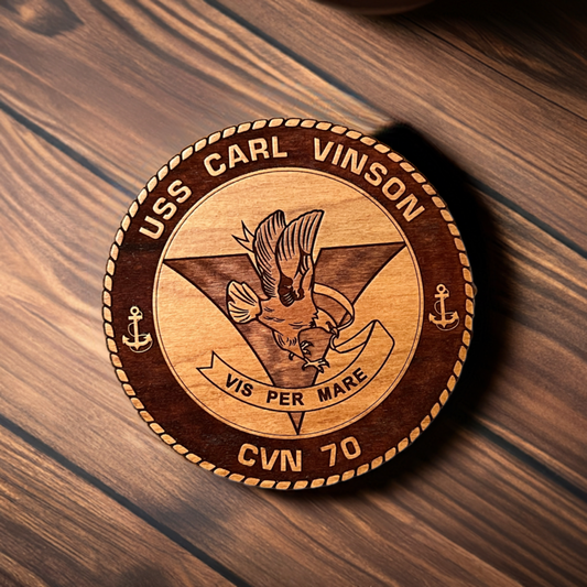 USS Carl Vinson (CVN 70) Coaster – US Navy Aircraft Carrier –  Laser Engraved Cherry Wood Coaster – Solid Wood Navy Gift