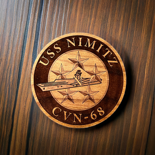 USS Nimitz (CVN 68) Coaster – US Navy Aircraft Carrier –  Laser Engraved Cherry Wood Coaster – Solid Wood Navy Gift